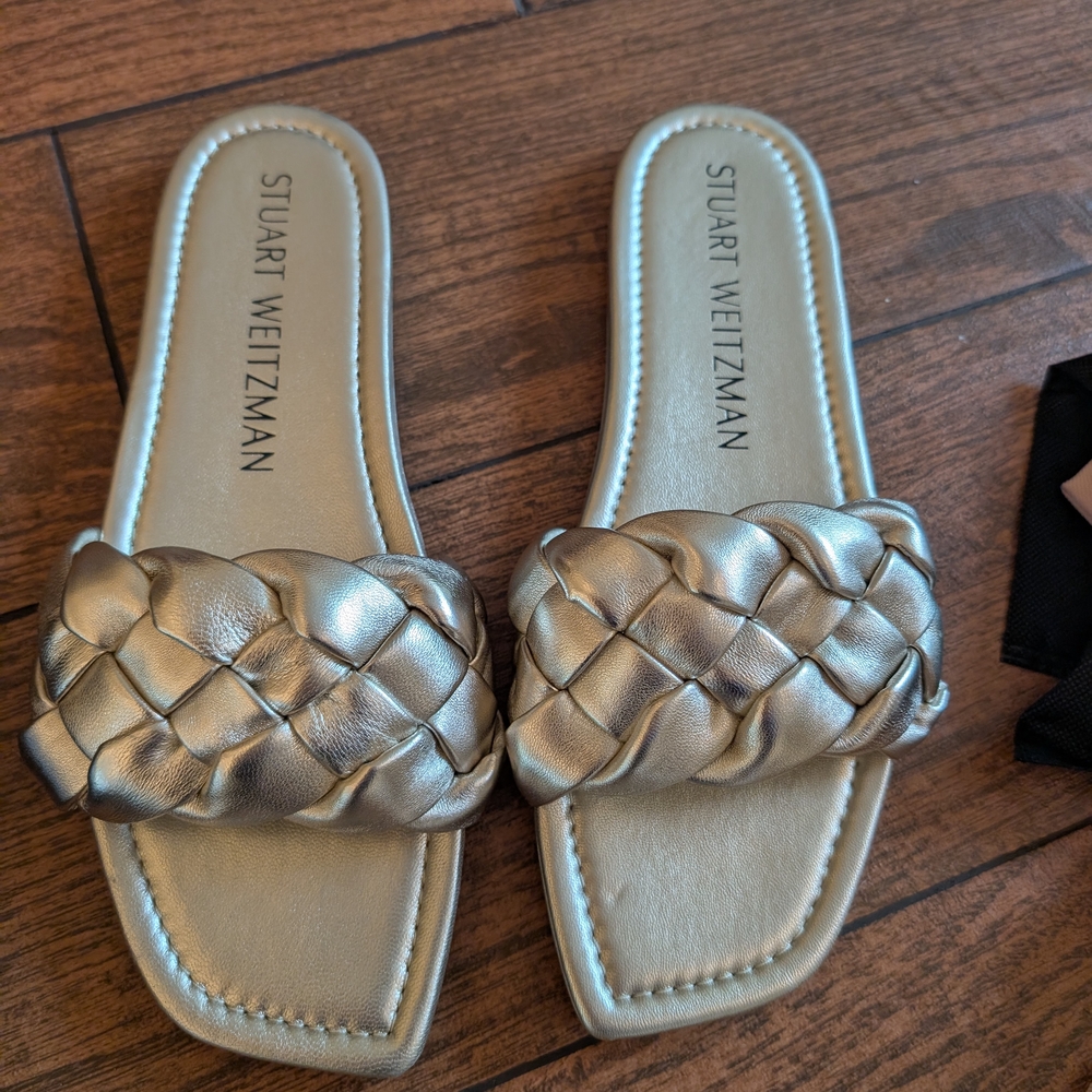 Stuart Weitzman Silver Slide Sandals with Woven Design